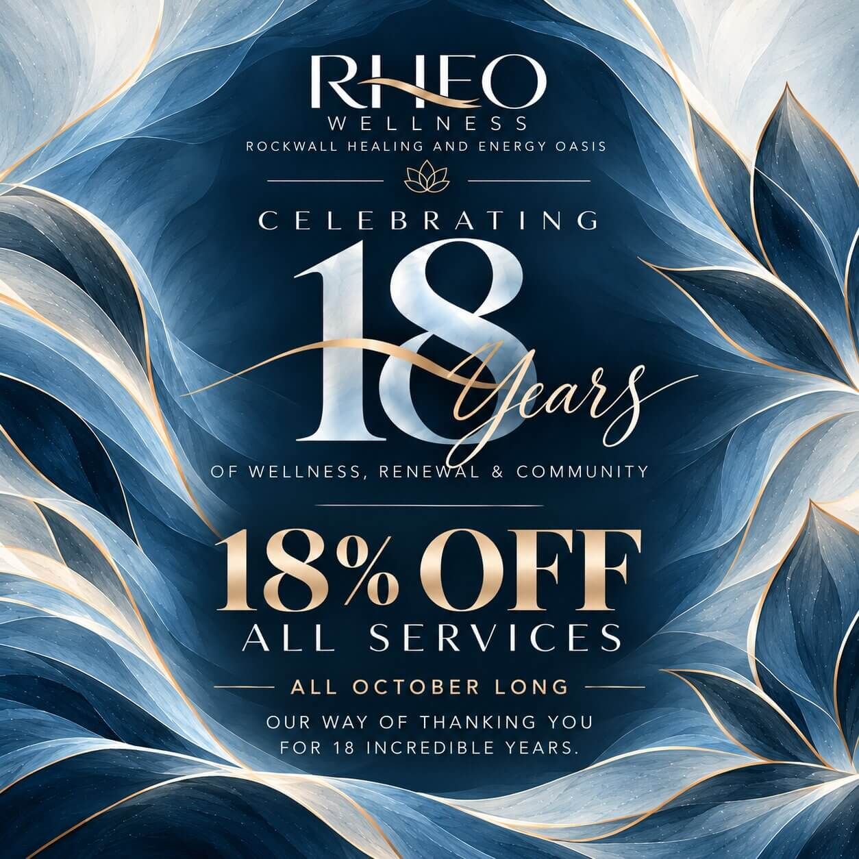 RHEO Wellness 18th Anniversary promotion: 18% off all services all October long